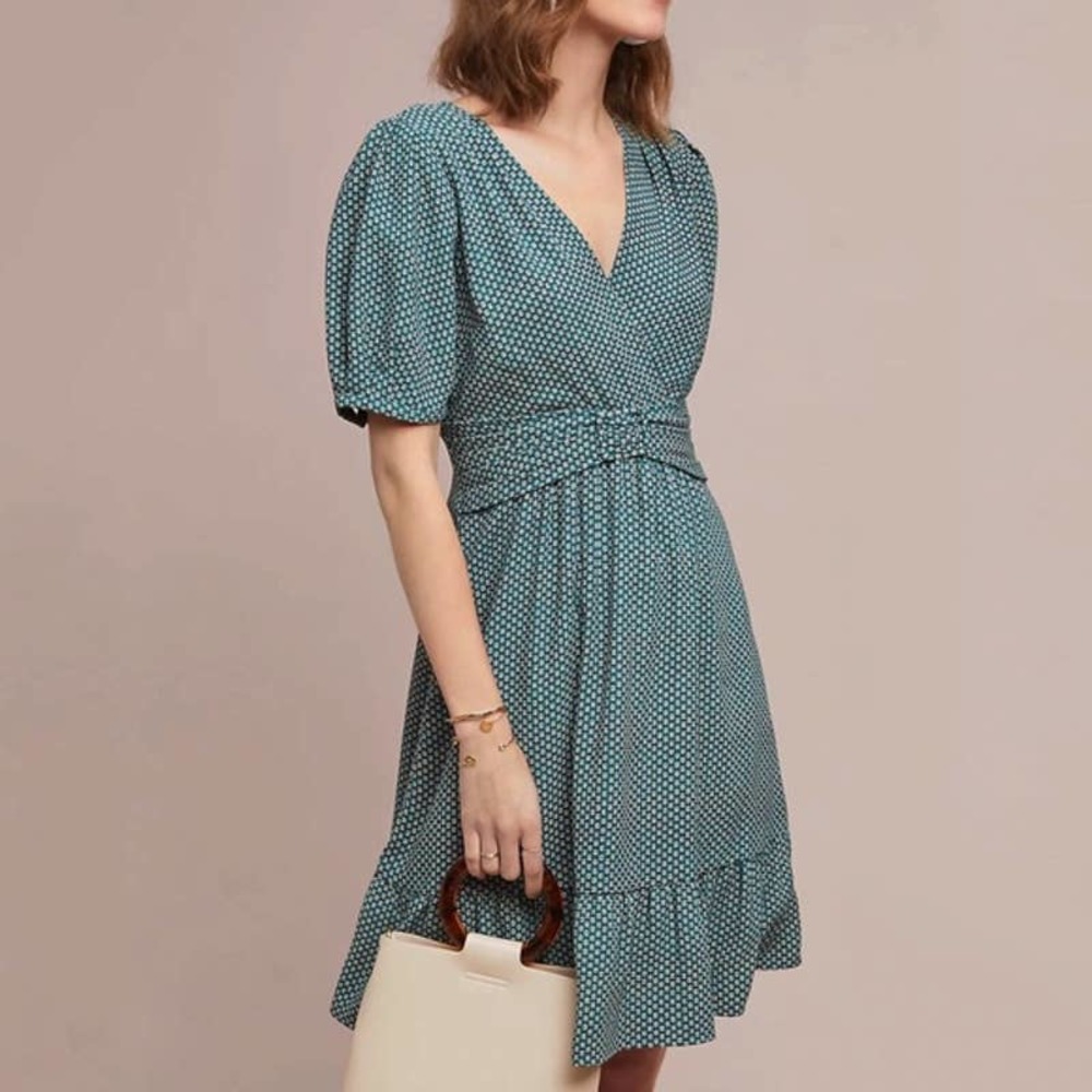 Anthropologie Mini Dress 6 Green Printed Keily Belted A-Line Short Sleeve Retro